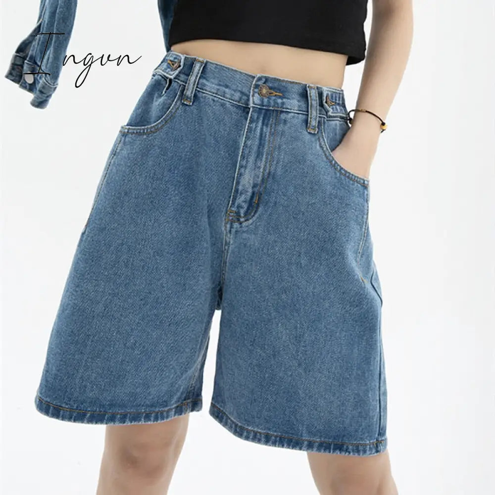 Ingvn - Women's Short Summer High Waist Jeans Baggy Straight Five Points Trousers Streetwear Vintage Mom Denim Wide Leg Short Pants