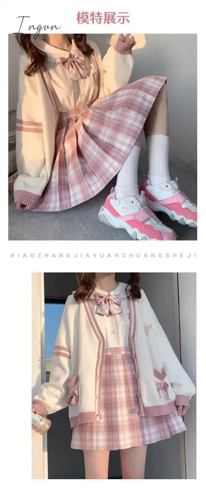 Ingvn - Spring Japanese Kawaii Fashion Pink Cardigan Women Harajuku Knitted Sweater Cute Bow Heart Korean College Style JK Uniform Coat