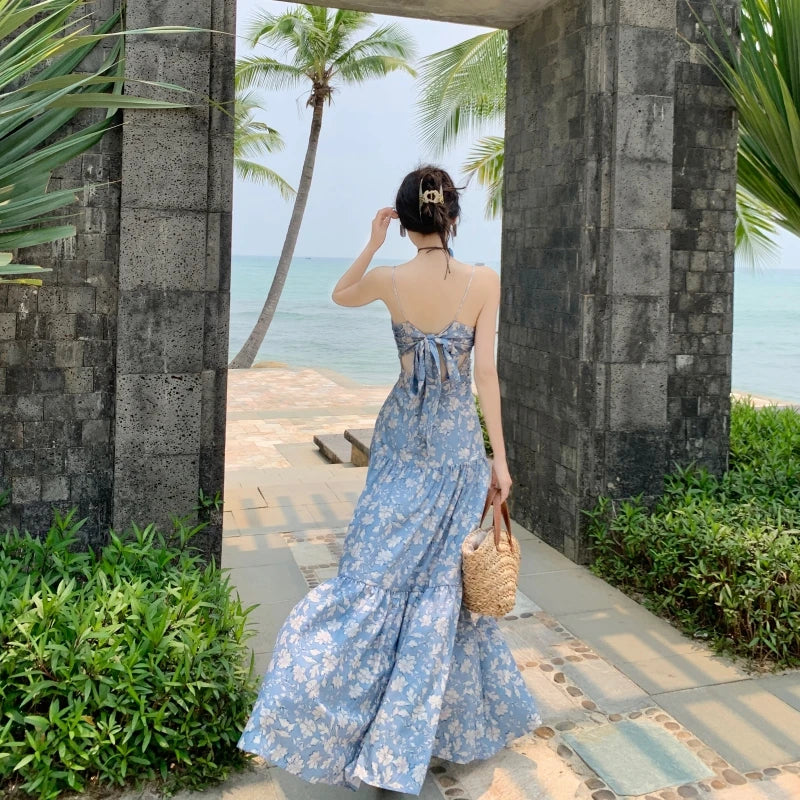 New Summer Long Print Dress for Women Strap Sleeveless Sweet Elastick Holiday Beach Casual Dresses Female Clothing