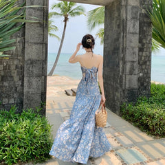 New Summer Long Print Dress for Women Strap Sleeveless Sweet Elastick Holiday Beach Casual Dresses Female Clothing