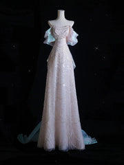 Pink Beige Shiny Evening Dress Off The Shoulder Sequined Beading A Line Strapless Bridal Toast Luxury Long Robe Prom Gown New