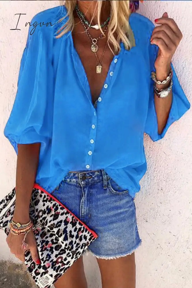 Ingvn - Buttons Design Lace-up Red Blouse