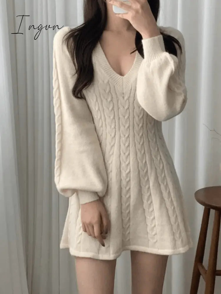Ingvn - V Neck Cable Knit Long Sleeve Mini Dress