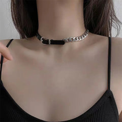 INGVN  Kpop Black Leather Choker Stainless Steel Cuban Clavicle Chain Collar For Women New Goth Ladies Jewelry Wholesale