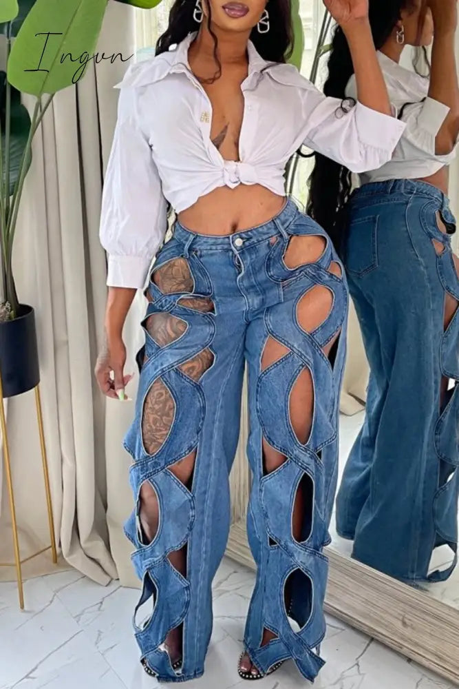 Ingvn - Casual Solid Hollowed Out Patchwork High Waist Regular Denim Jeans