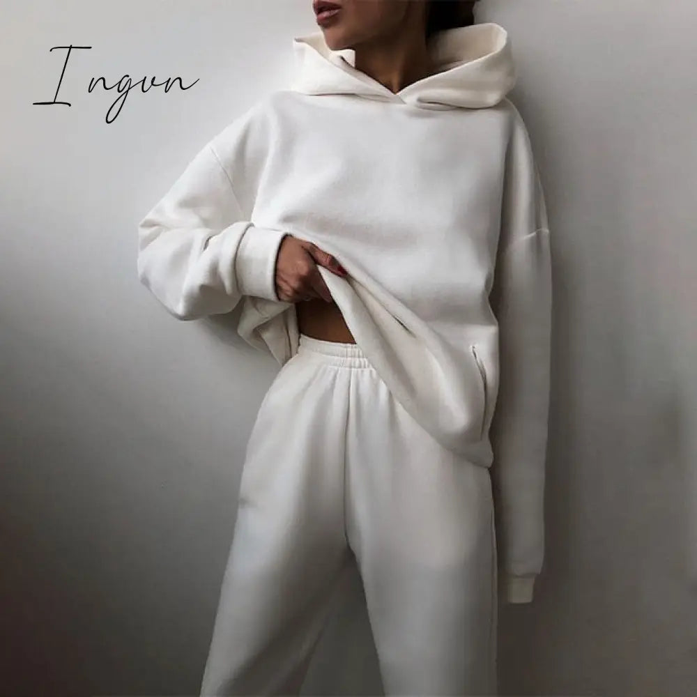 Ingvn - Women Elegant Solid Sets For Women Warm Hoodie Sweatshirts And Long Pant Fashion Two Piece Sets Ladies Lace Up Sweatshirt Suits