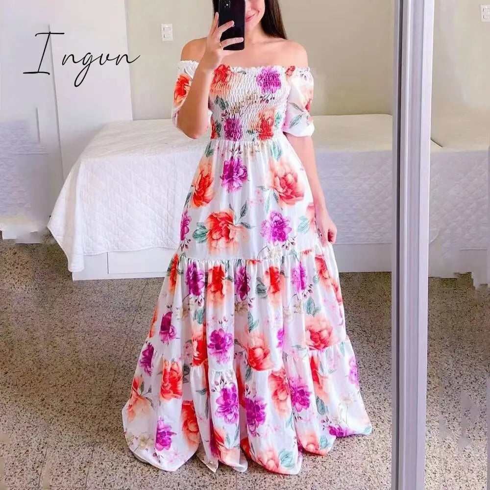 Ingvn - Women's 2023 Butterfly Summer Dress Tube Top Short Sleeve Ruffle Hem A Line Date Night Robes Vacation Bohemian Maxi Dresses XXXL