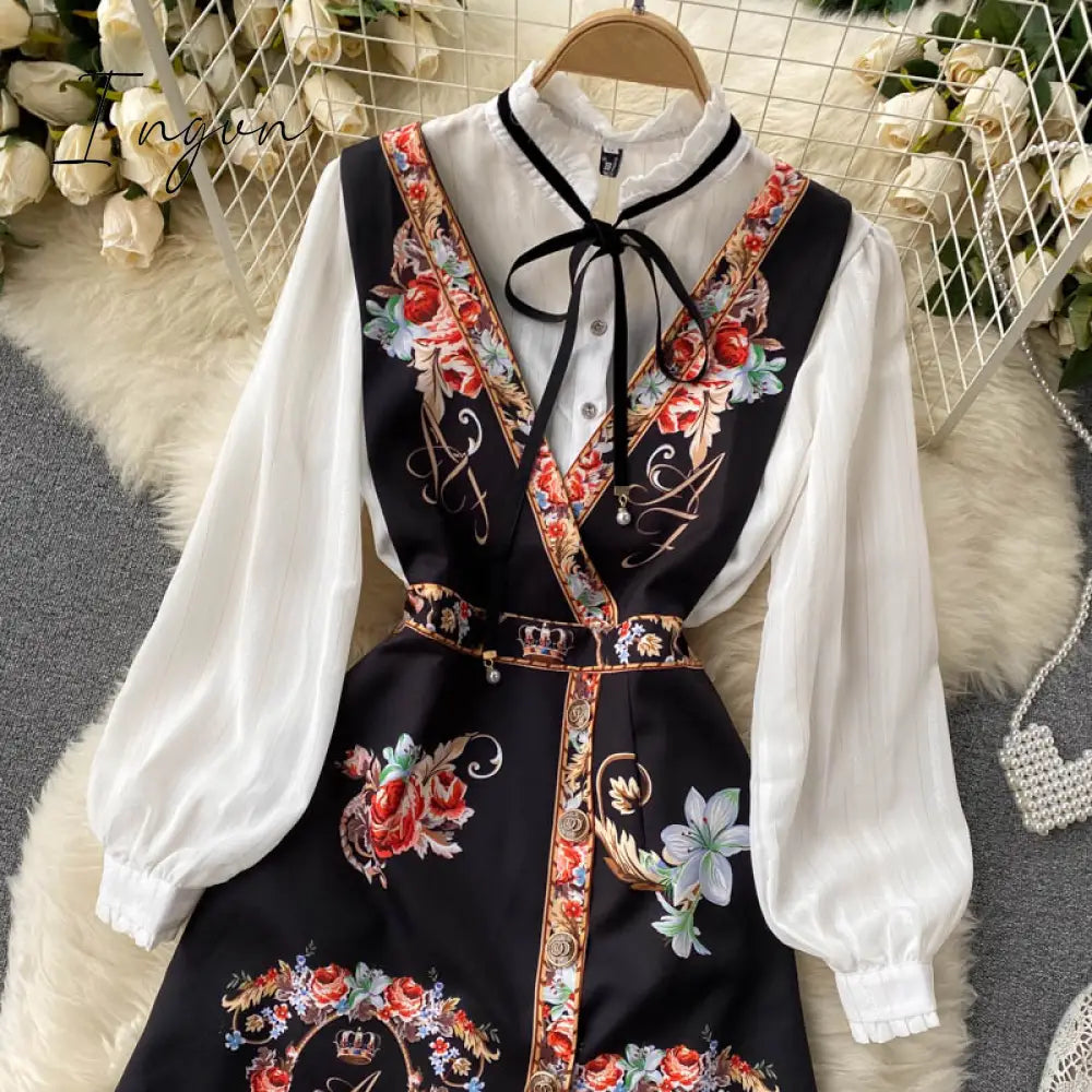 Ingvn - Spring Autumn Elegant 2 Piece Set Overalls Dress Women Bow Collar White Shirt Top+ Irregular Flower Print V-Neck Vest Dress