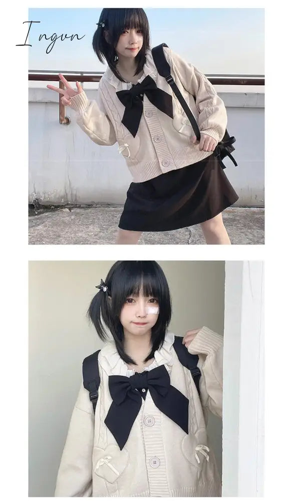 Ingvn - Spring Japan Kawaii Fashion Pink Cardigan Women Vintage Crop Knitted Sweater Cute Bow Heart Korean JK School Coat