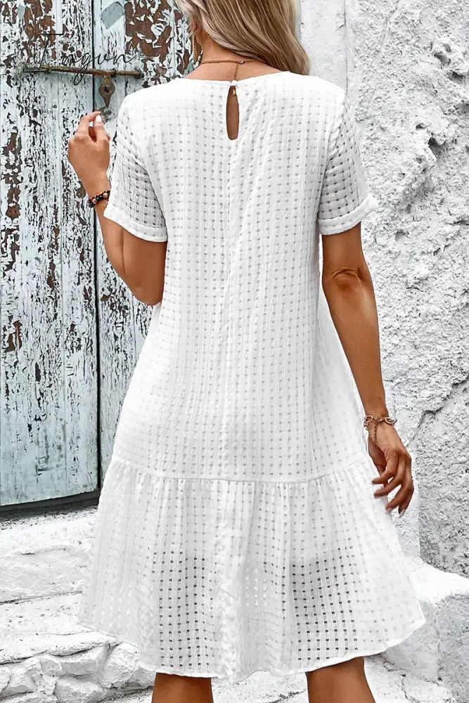 Ingvn - Casual Simplicity Solid Hollowed Out O Neck A Line Short Sleeve Dress
