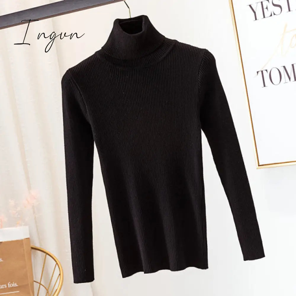 Ingvn - Autumn Winter Knitted Sweater Pullovers Turtleneck Sweater for Women Long Sleeve White Black Soft Female Jumper Clothing