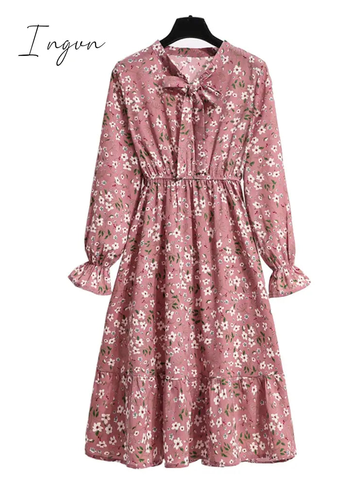 Ingvn - 11 Style Beautiful Fashion Summer Women Long Sleeve Dress Retro Collar Casual High Waist Dresses Floral Print Chiffon Clothing