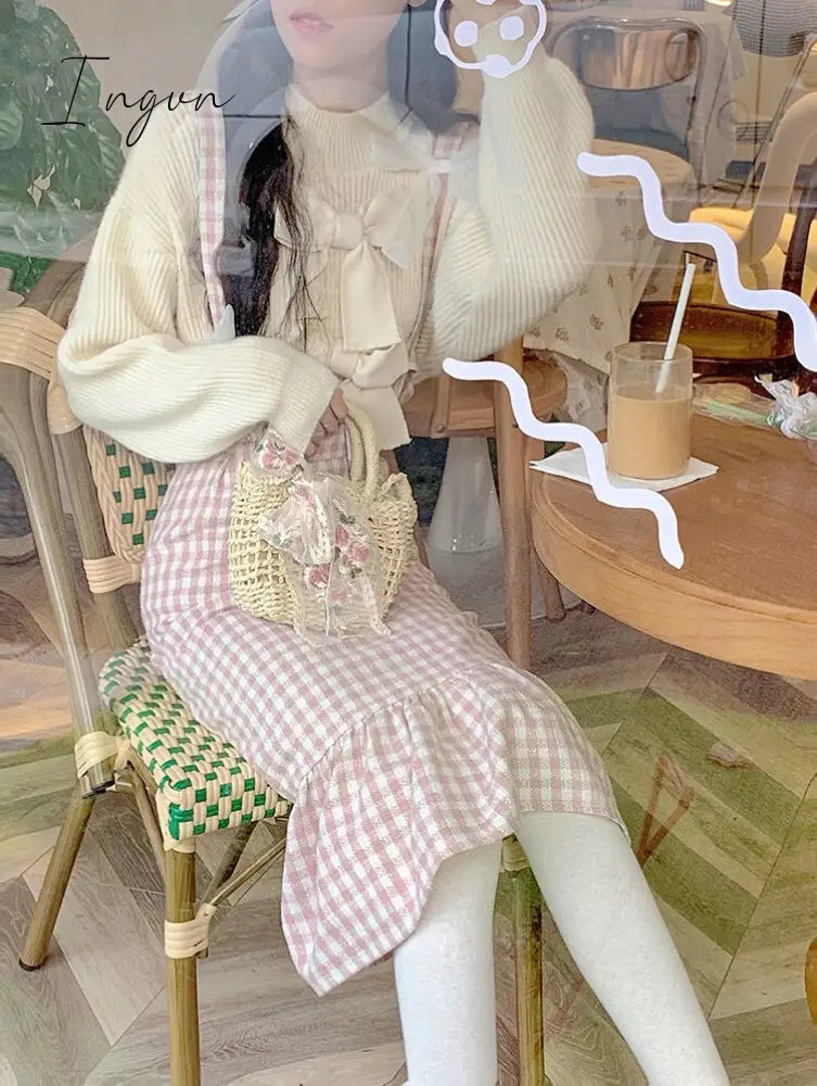 Ingvn - Spring Japanese Kawaii Plaid Strap Skirts Women Sweet Bow Designer Party Midi Skirt Female Casual Korean Fashion Cute Skirt