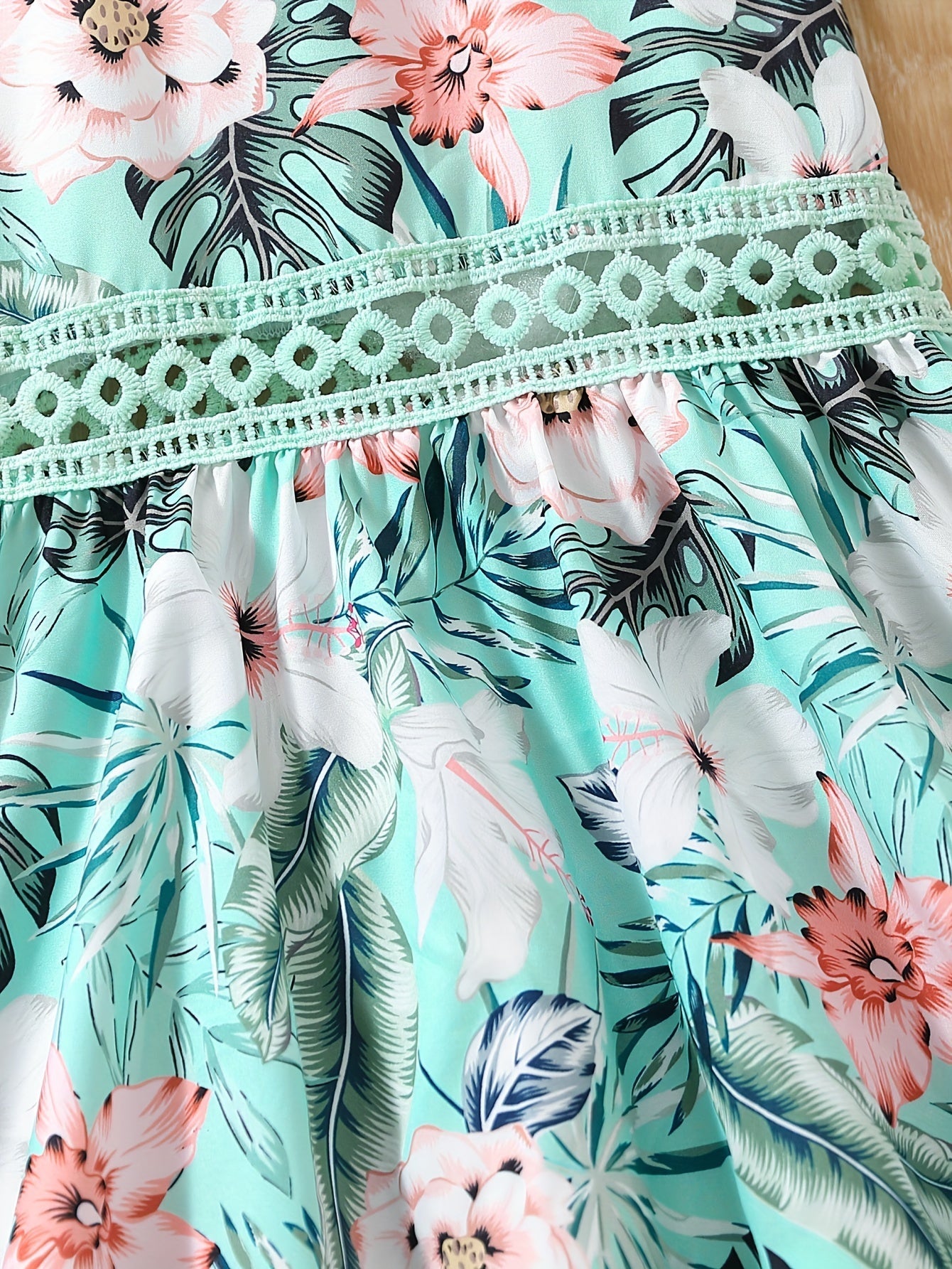 Long Length Girls Floral Print Bohemian Lace Waistline Suspender Dress - Delicate Contrast Lace, Non-Stretch Polyester Fabric, Regular Fit, Perfect for Summer Holiday and Casual Outings