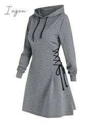 Ingvn - Casual Women Long Sleeve Autumn Dress Drawstring Lace Up Mini Hoodie Dress Vestidos Femme Gothic Fashion Dress Streetwear