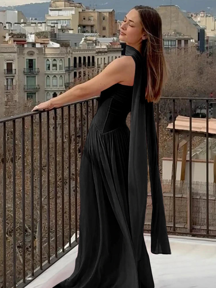 Temperament Mesh Patchwork Maxi Dress Women Solid Scarf+Sexy Backless Strapless Ruffles Midnight Banquet Party Outfits