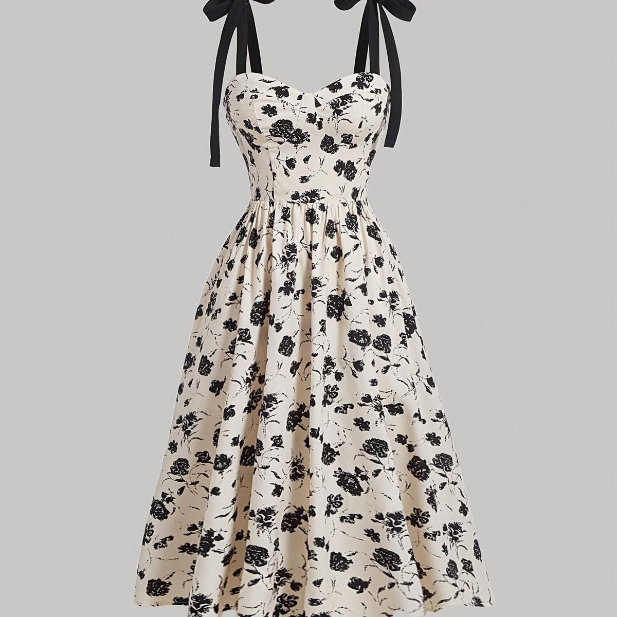 [Chic Midi V-Neck Floral Dress] Women'S Elegant V-Neck Floral Print Dress with Tie Straps, Polyester Knit Fabric, A-Line Silhouette, All-Season Chic Midi Dress for Adult