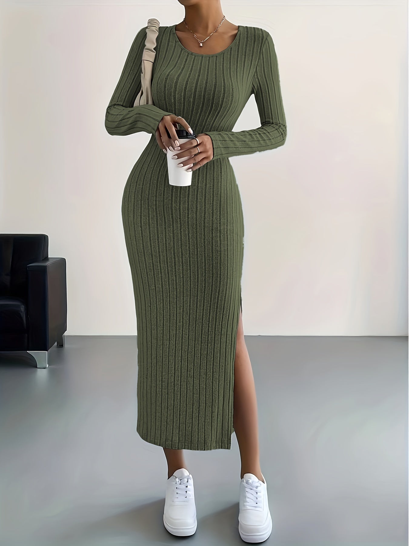 Long Sleeve Bodycon Ribbed Knit Dress - Sexy Crew Neck Split Thigh Slim Fit with Mid Elasticity - Machine Washable Polyester Fabric for Fall/Winter Season