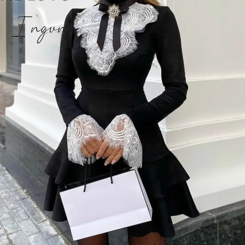 Ingvn - Fashion Trends Women Eyelash Lace Bell Sleeve Ruffles Dress Party Dress Elegant Fashion Dress