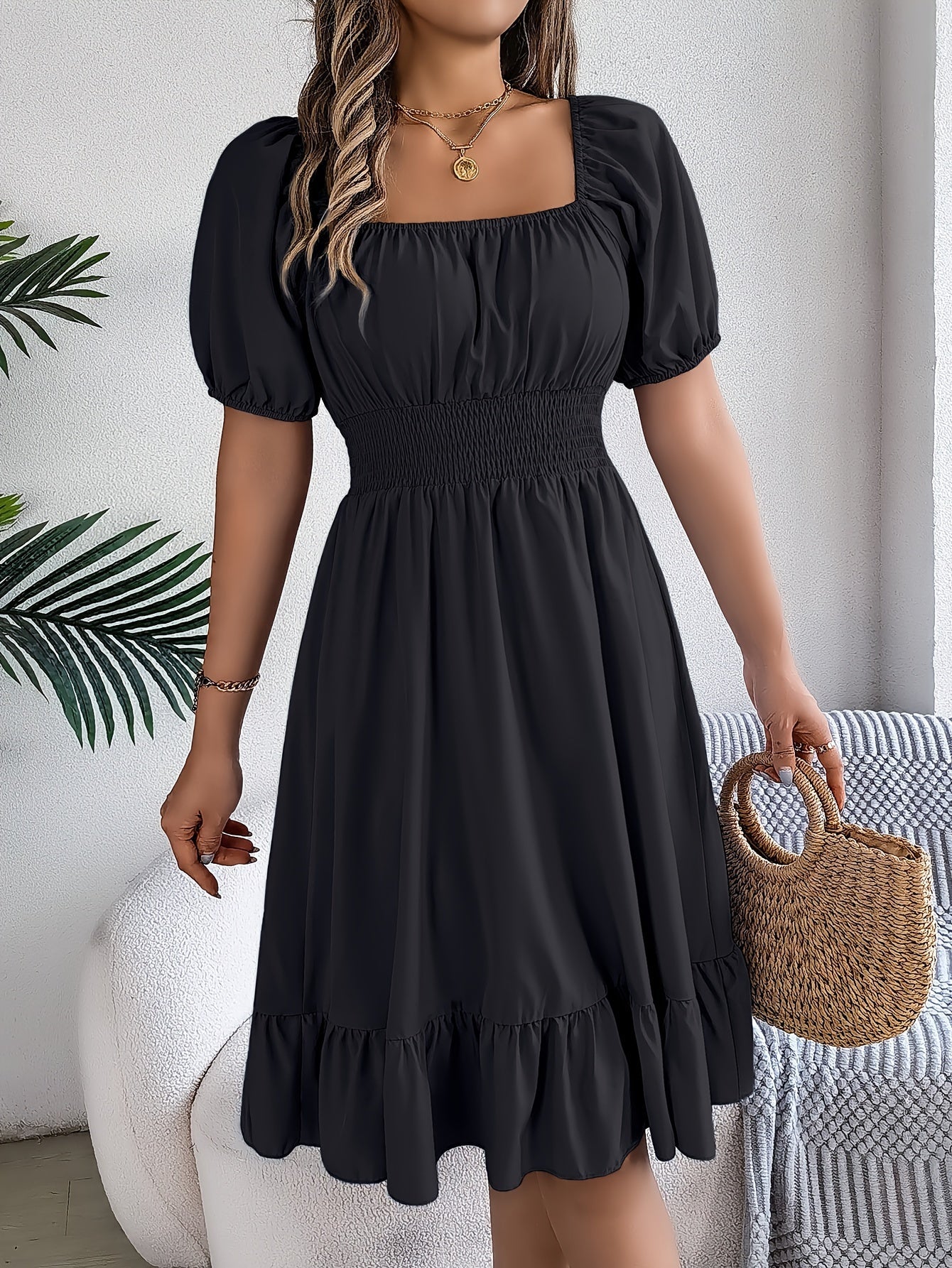 Solid Puff Sleeve Square Neck Waist Dress, Elegant Ruched Bust Ruffle Hem Dress, Women's Clothing Wedding graduation engagement occasion ceremony party holiday vacation birthday