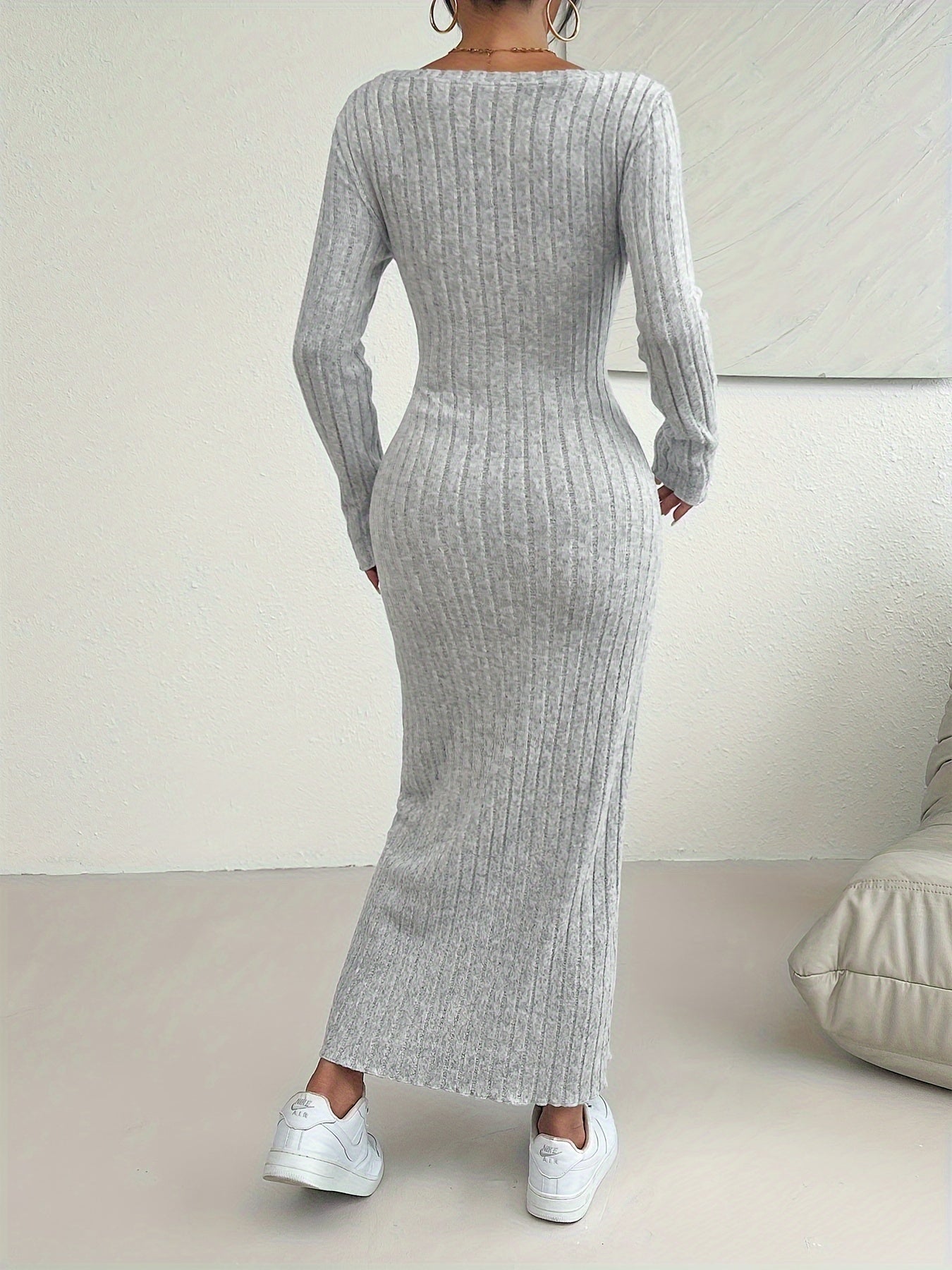 Stylish Ribbed Crew Neck Long Sleeve Dress - Women's Elegant Slim Fit Dresses for Spring & Fall - Soft, Breathable, Comfortable, and Versatile Clothing for Daily Wear