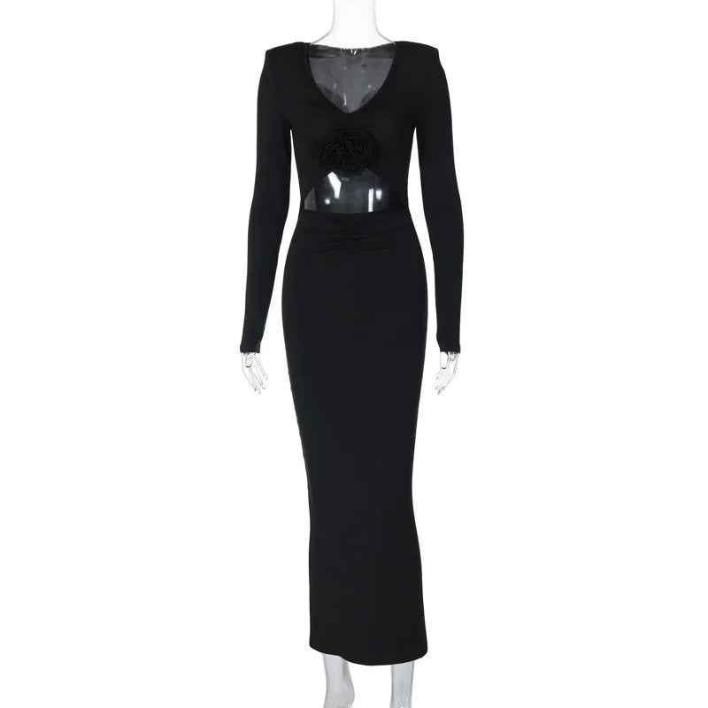 Elegant Flower Hollow Out Midi Dress For Women Black V Neck Long Sleeve Bodycon Sexy Dress Female Skinny Party Dress
