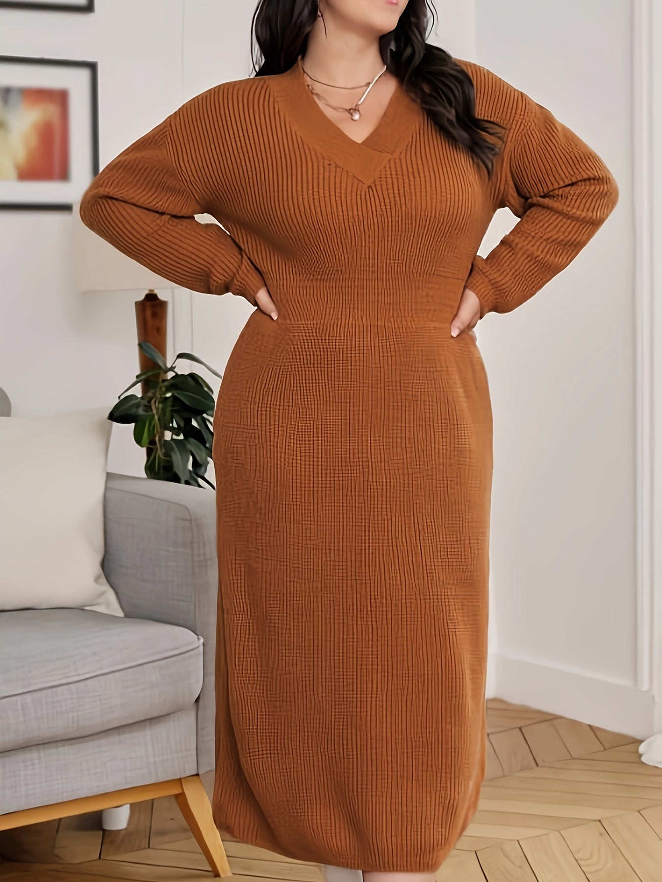 Simple Solid Midi Dress, Casual V Neck Long Sleeve Dress, Women's Clothing