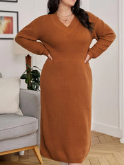 Simple Solid Midi Dress, Casual V Neck Long Sleeve Dress, Women's Clothing