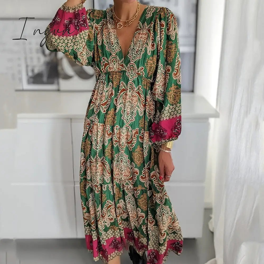 Ingvn - Women Fashion Pattern Printed Dress Autumn Office Casual Long Sleeve Pleated Dress Lady Vintage Loose High Waist Dresses Vestido