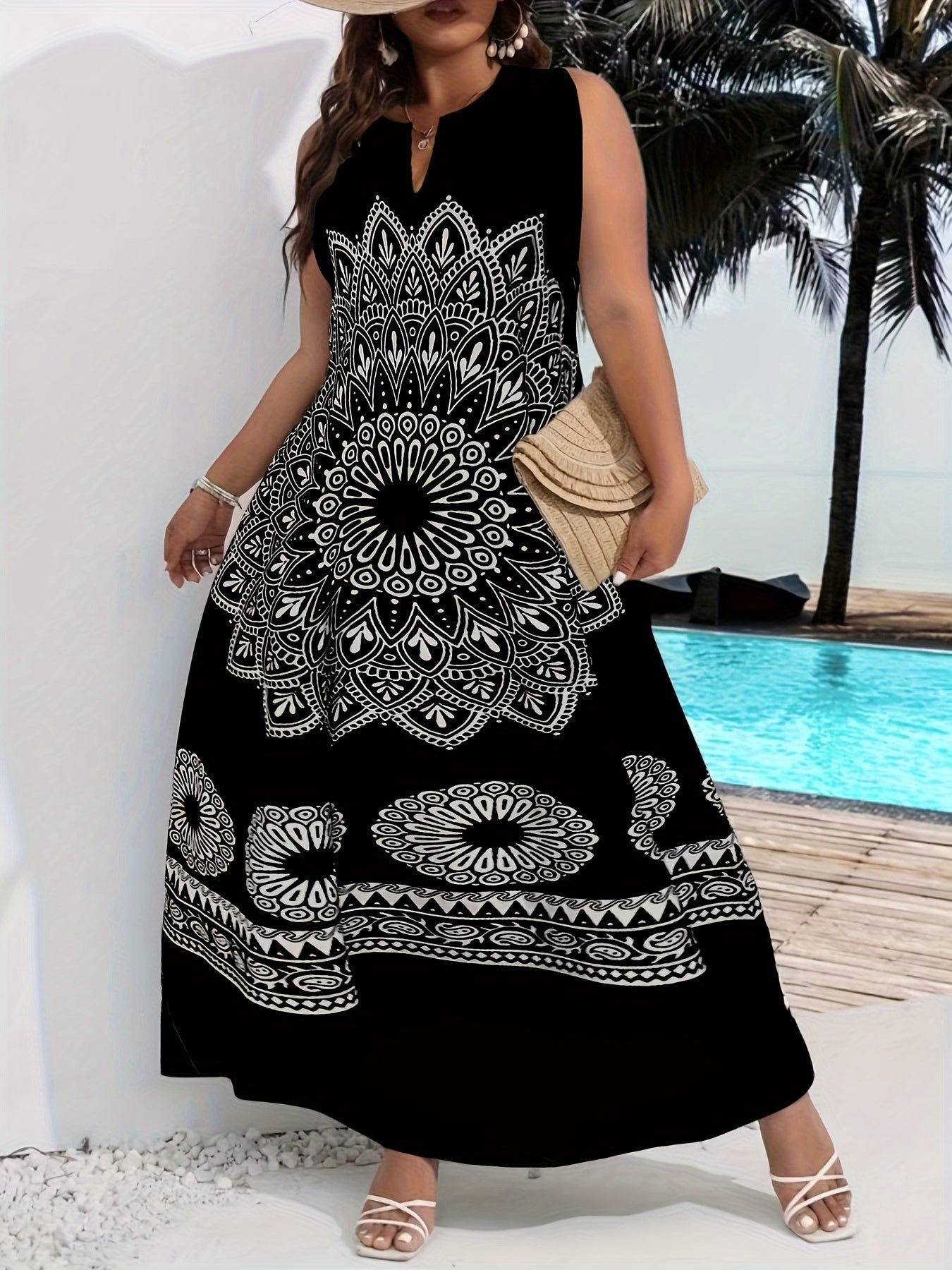 Flawless Mandala Floral Maxi Dress - Chic Notched Neck, Sleeveless Elegance - Fashionable Womens Clothing with Timeless Aesthetics