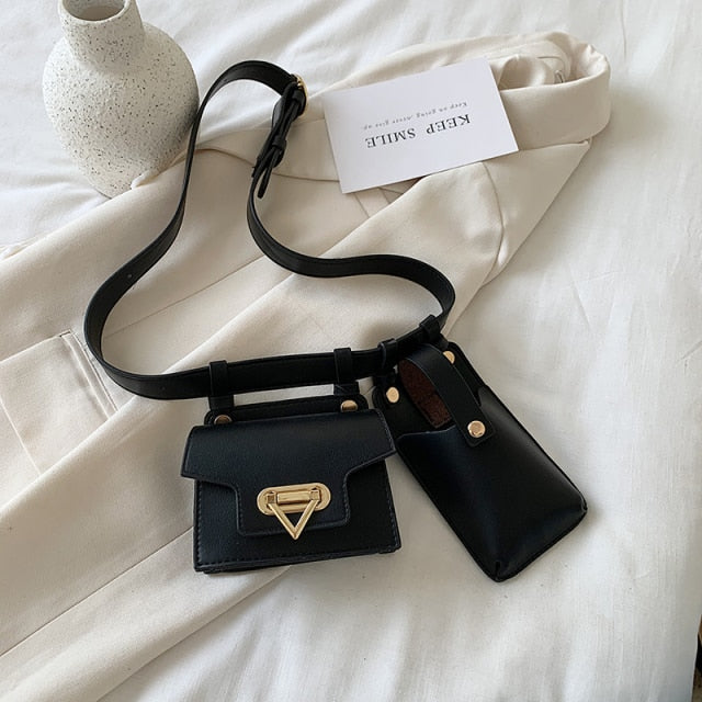 2 Piece Women's Belt Bag Luxury Designer Tactical Waist Bags Female Leather Flap Fanny Pack Shoulder Crossbody Chest Bag Purse