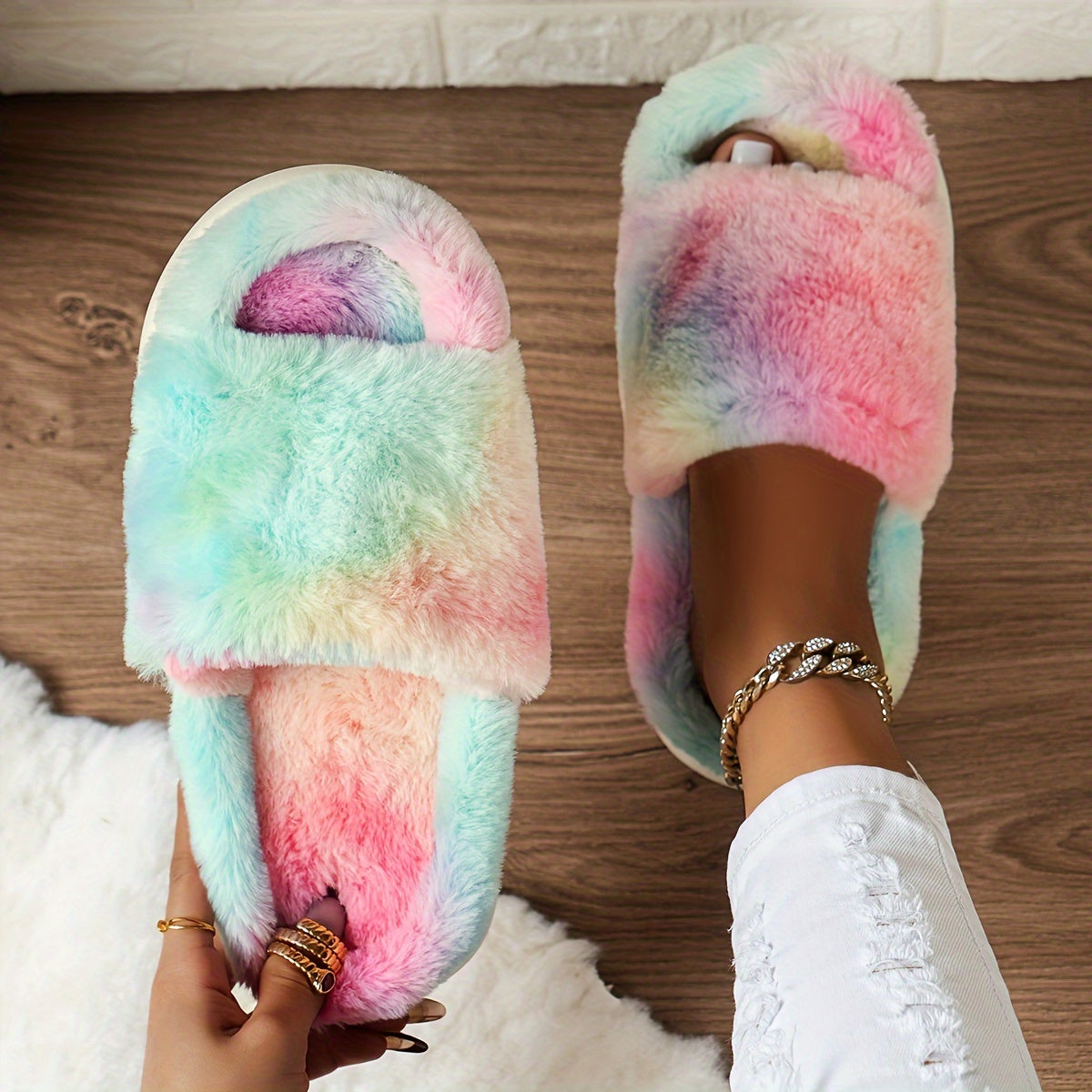 CozyPlus Furry House Slippers - Slippers with Single Band Open Toe Platform, Fuzzy Comfy Warm Design for Home Relaxation - Perfect for Cold Winter Days