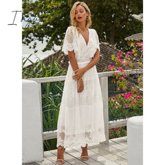 Ingvn - Hollow Out White Dress Sexy Women Long Lace Dress Cross Semi-Sheer Plunge V-Neck Short Sleeve Lace Maxi Dress