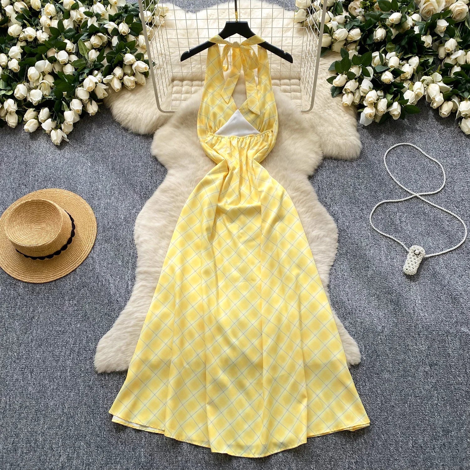 Chic Sexy V-neck Plaid halter Ruched Fairy A-line loose Summer  Women Boho Sundress  women clothing