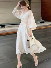 Vintage Elegant V-neck Pleated White Dresses for Women Summer Boho High Quality Party Femme Lantern Sleeve Fairy Princess Dress