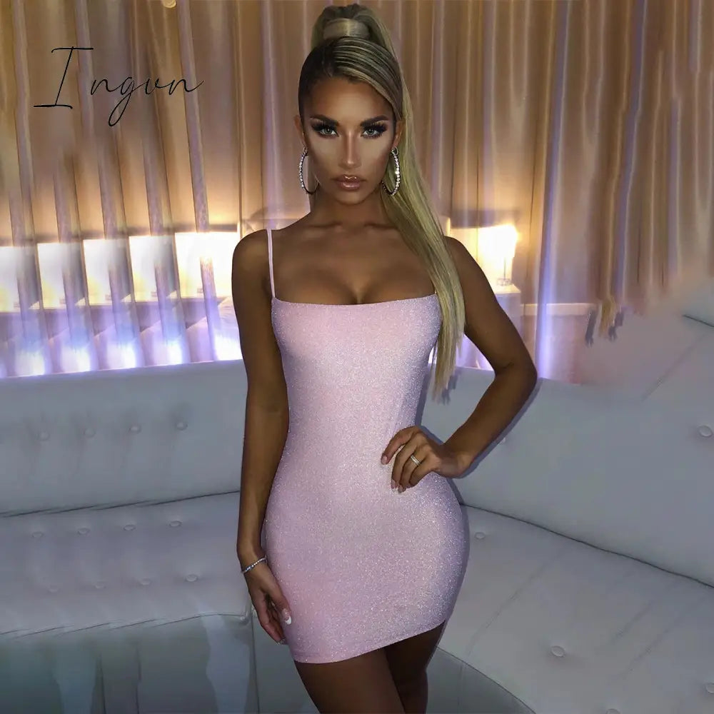 Ingvn - Bling Glitter Sequin Women Strap Mini Dress Ruched Lace Up Backless Bodycon Sexy Party Club Autumn Winter Elegant