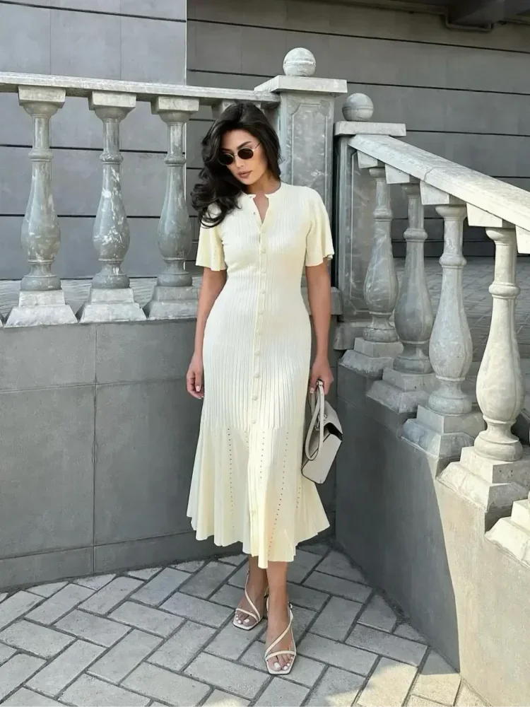 Elegant Women Hollow Out Knitted Maix Dress Short Sleeved Single Breasted Slim Dresses Fashion Solid Female Commuting Robes