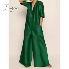 Ingvn - Solid Color Zipper V-neck Half Sleeves Wide Leg Jumpsuits For Women 2023 Summer New Stylish Casual Streetwear Jump Suits