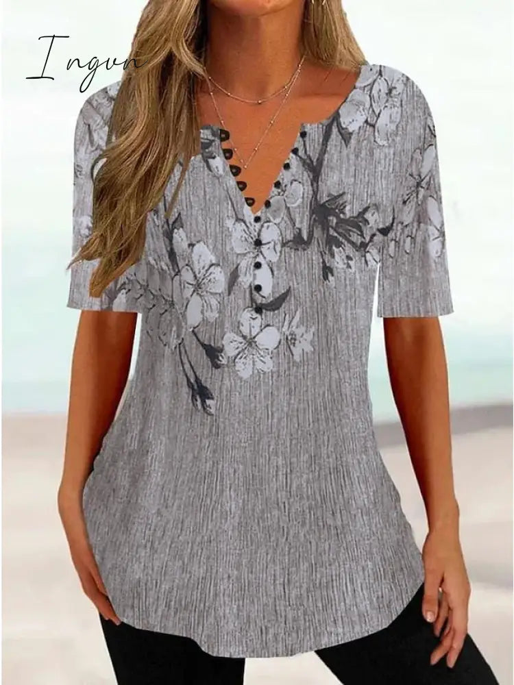 Ingvn - Women's T shirt Tee White Yellow Pink Floral Button Print Short Sleeve Holiday Weekend Tunic Basic Round Neck Regular Floral Painting