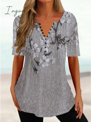 Ingvn - Women's T shirt Tee White Yellow Pink Floral Button Print Short Sleeve Holiday Weekend Tunic Basic Round Neck Regular Floral Painting