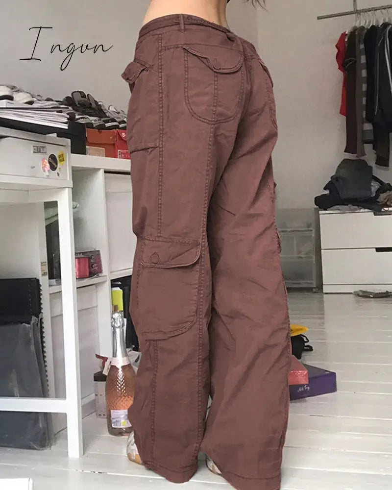 Ingvn - Fashion Women's Jeans Y2K High Street Waist Denim Trousers Drawstring Waist Flap Pocket  Baggy Jeans Loose Women's Classic Pants