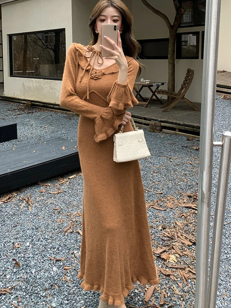 Elegant Solid Knitted Dress for Women Vintage French Flare Sleeve Bodycon Princess Evening Party Womens Dresses Slim Vestidos