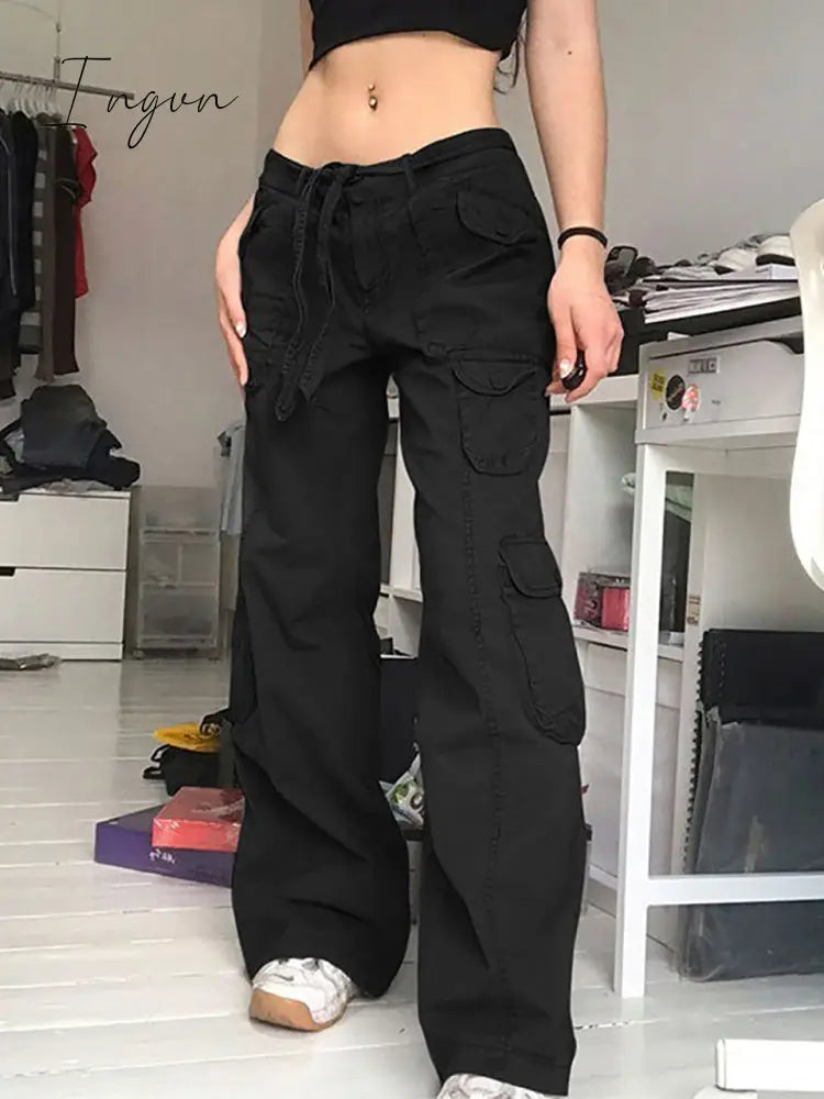 Ingvn - Fashion Women's Jeans Y2K High Street Waist Denim Trousers Drawstring Waist Flap Pocket  Baggy Jeans Loose Women's Classic Pants