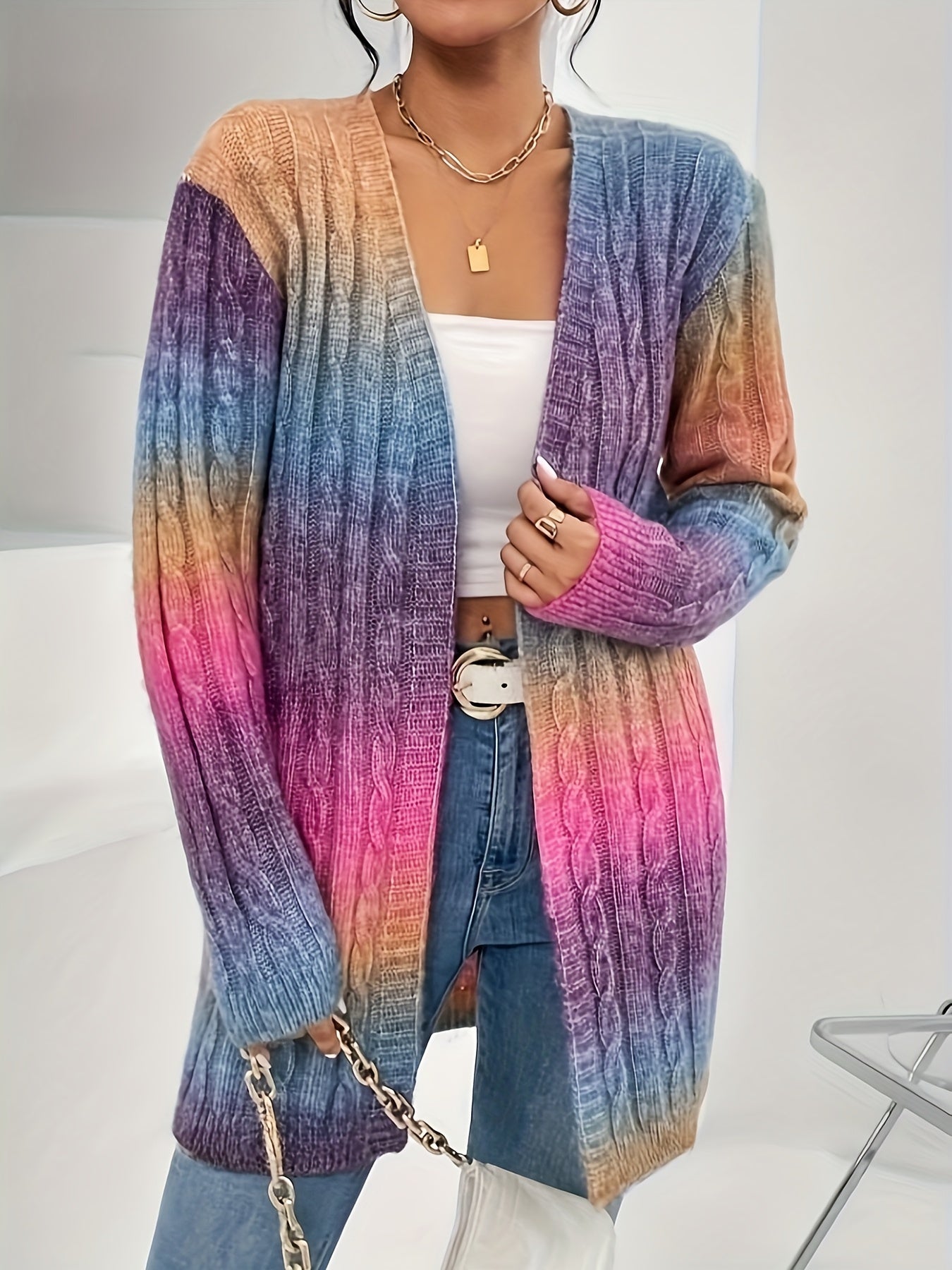 Long Sleeve Ombre Gradient Color Block Cardigan - Soft Micro Elasticity, Loose Fit, V-Neck, Raglan Sleeve, Placket Front - Perfect for Fall and Winter Seasons