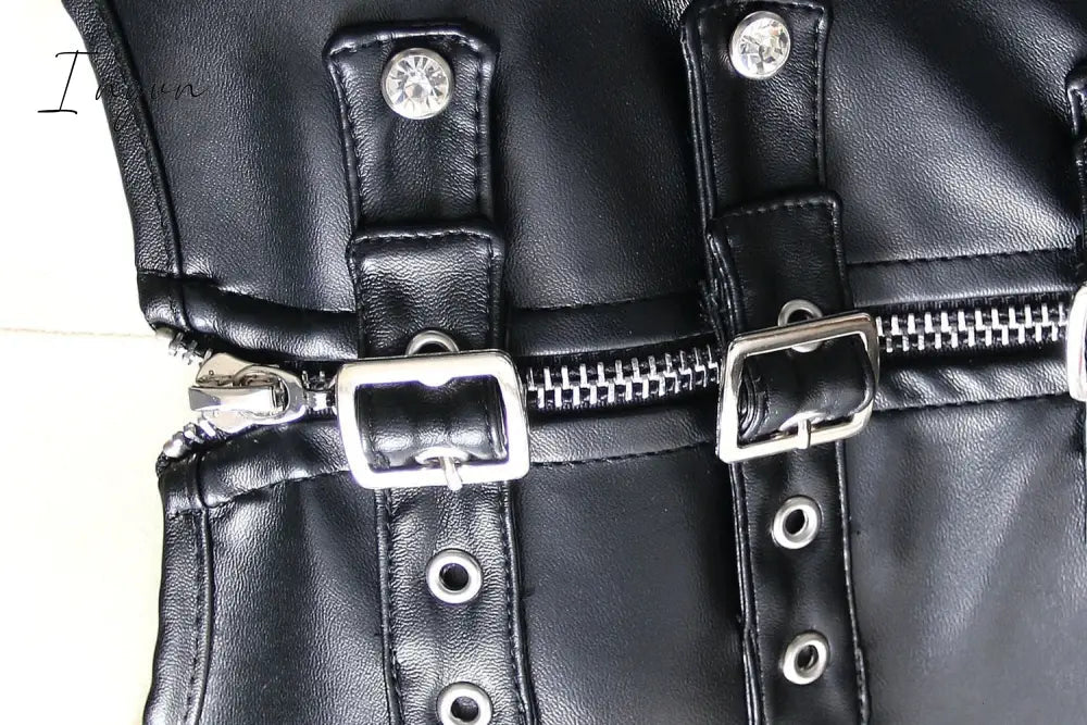 Ingvn - Faux Leather Corset Top Shoulder Strap Corselet Black Zipper Buckled Bustier Waist Trainer Vest Corset Overbust Women Steampunk
