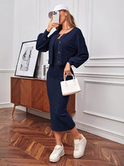 Solid Color Ribbed Knitted Dress Set, Elegant Button Front Long Sleeve Cardigan & Sleeveless Slim Dress Outfits, Women's Clothing
