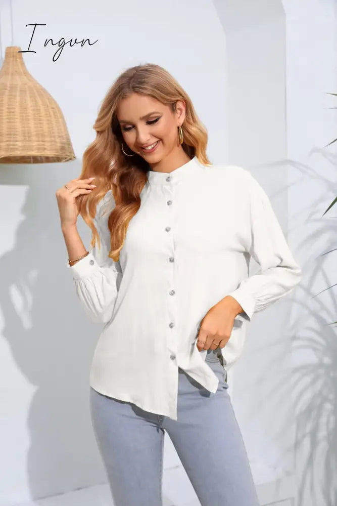 Ingvn - Mock Neck Buttoned Long Sleeve Shirt