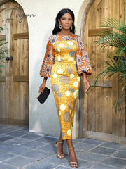 Ingvn - African Women Sun Flower Printed Long Dresses O Neck Lantern Sleeve High Waist Sheath Gowns 4XL for Wedding Guest Church Outfits