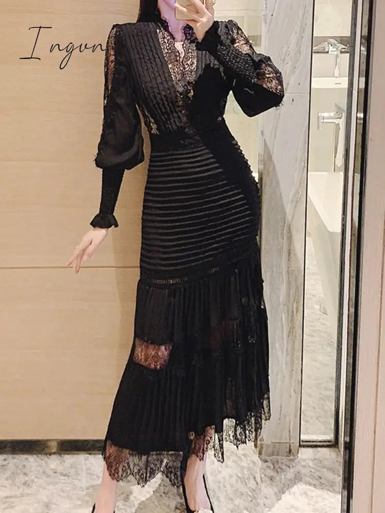 Ingvn - High Quality Self Portrait Dress Women Sexy V-neck Lantern Sleeve Long Sleeved Cake Long Dresses Chic Lace Summer Dress