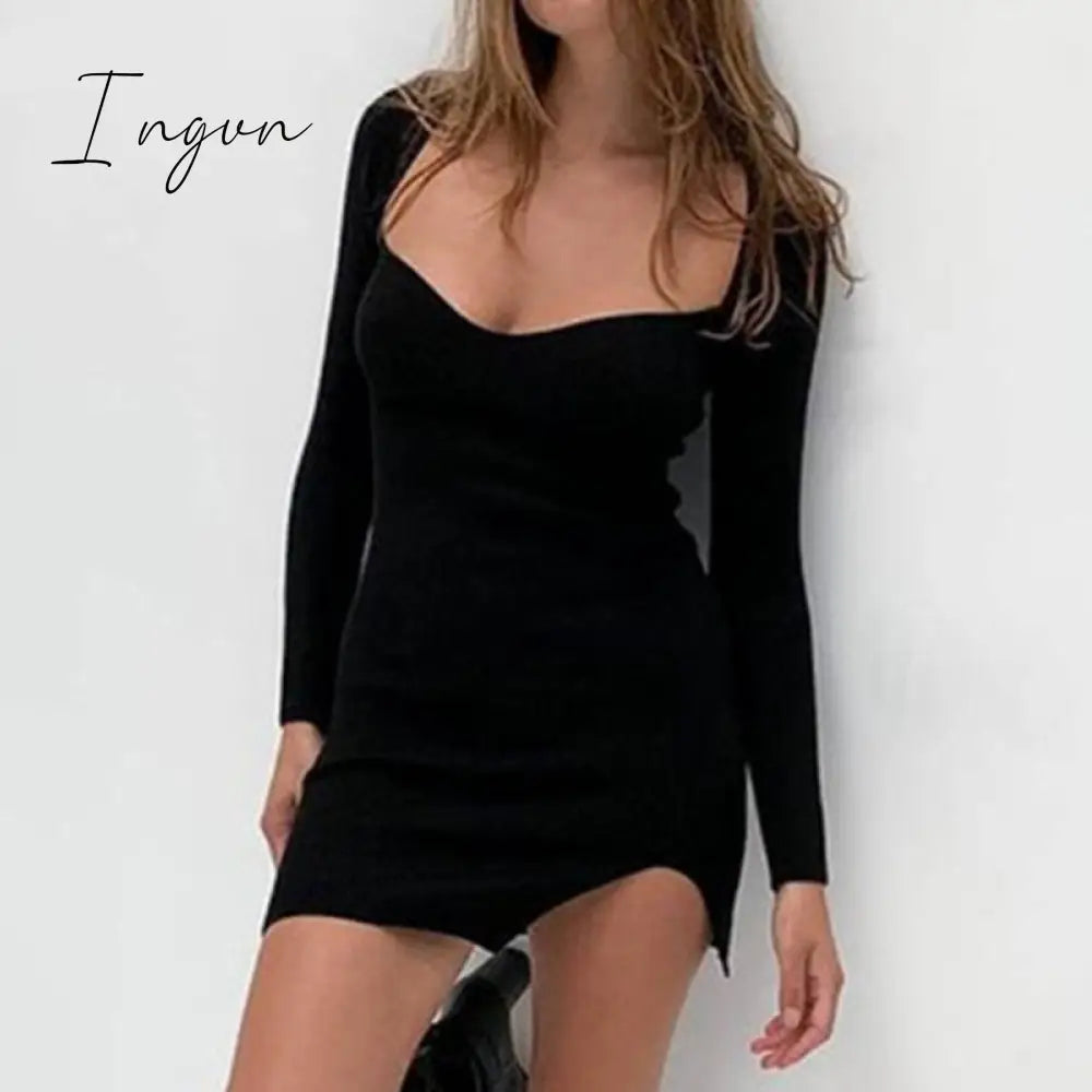 Ingvn - Bodycon Knitted Women Sweater Dress Long Sleeve Sexy Off Shoulder Split Elegant Party Dresses Fashion Autumn Winter
